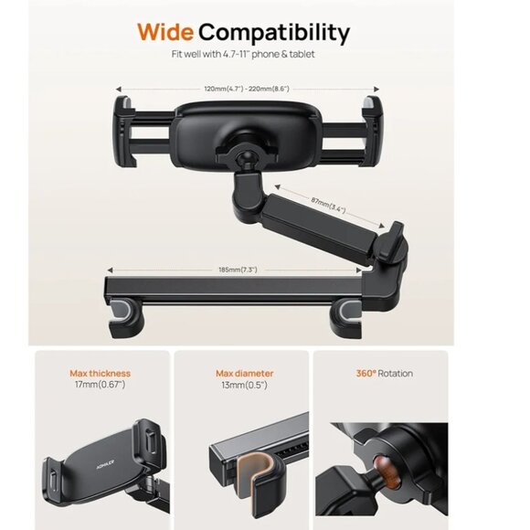 AOMIKER BACKSEAT TABLET HOLDER- ADJUSTABLE ARM- BLACK - TRAVEL ESSENTIAL-NIB - Picture 2 of 11